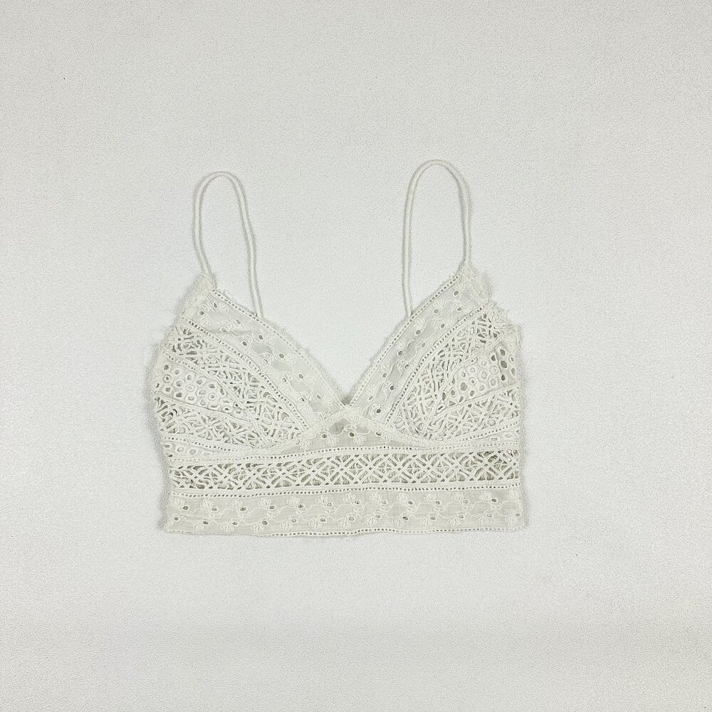 Free People One Bralette Crop Top / White / Crochet Lace / Cotton / Eyelets / S